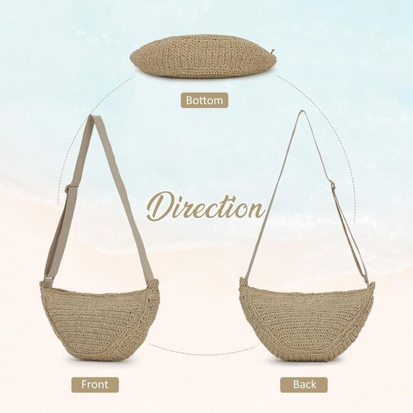 Lightweight Straw Crescent Beach Bag - Elegant Raffia Shoulder Purse for Women - Picture 5 of 6